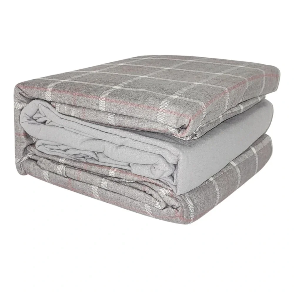 BIBB Home Twin Size Gray Checkered Cotton Flannel Sheet Set 3pc‎